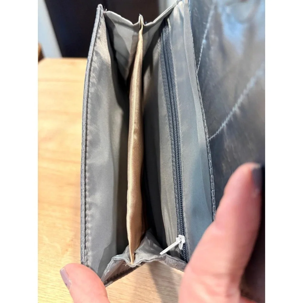 Floral Embroidered Gray Satin Clutch Wallet Magnetic Snap Organizer